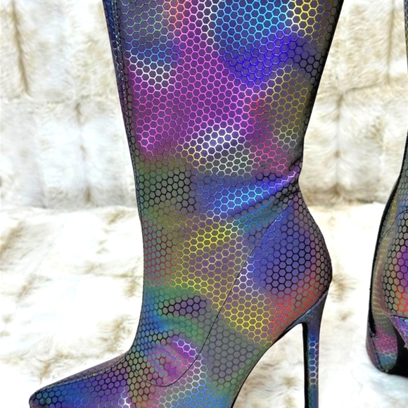 Pazzle Metallic Rainbow Mid Calf Pointy Toe High Heel Boots - Picture 3 of 8